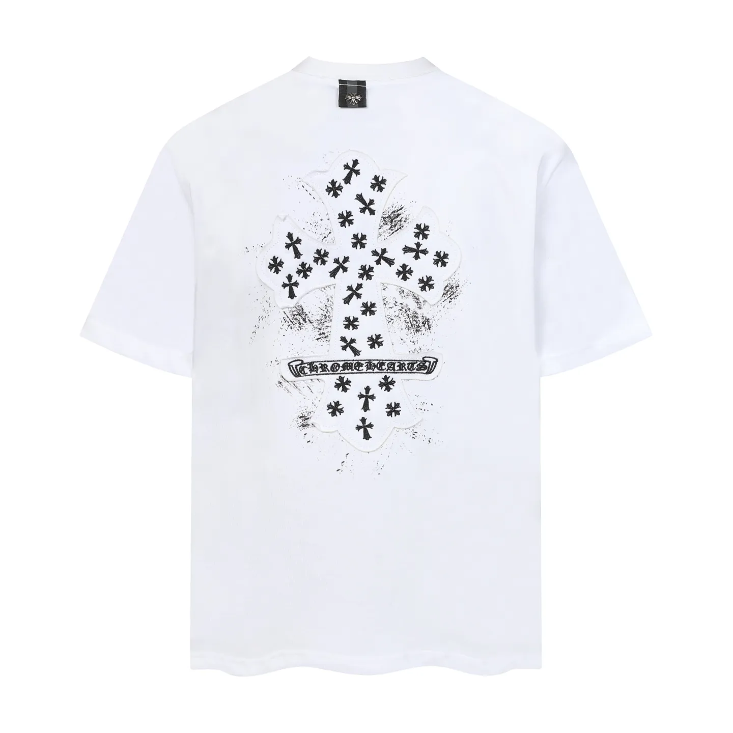 P150 💰 Actual pictures [High-end quality] Code: 8915# Color: Black White Size: S to XXL 2026ss Internet celebrity cross 🔥New Chrome Hearts 320g customized fabric Chrome heart round neck short sleeves 🔥Cross burnt appliqué embroidered men and women loose version